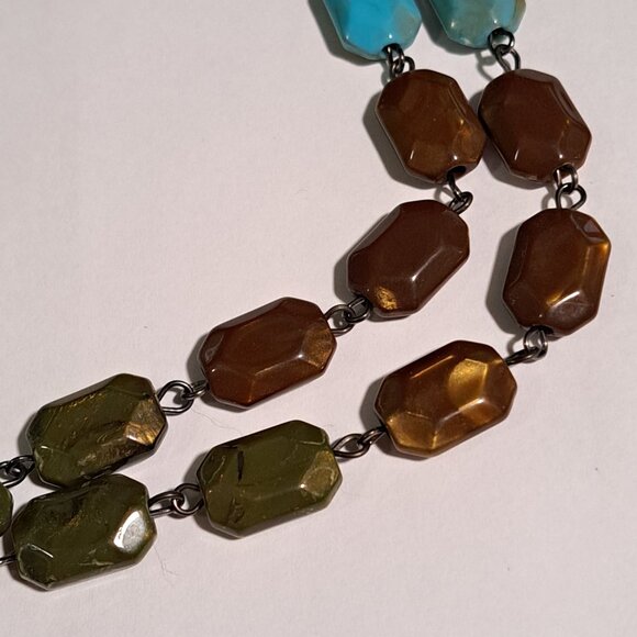 blue turqoise brown gold long necklace - Picture 4 of 7